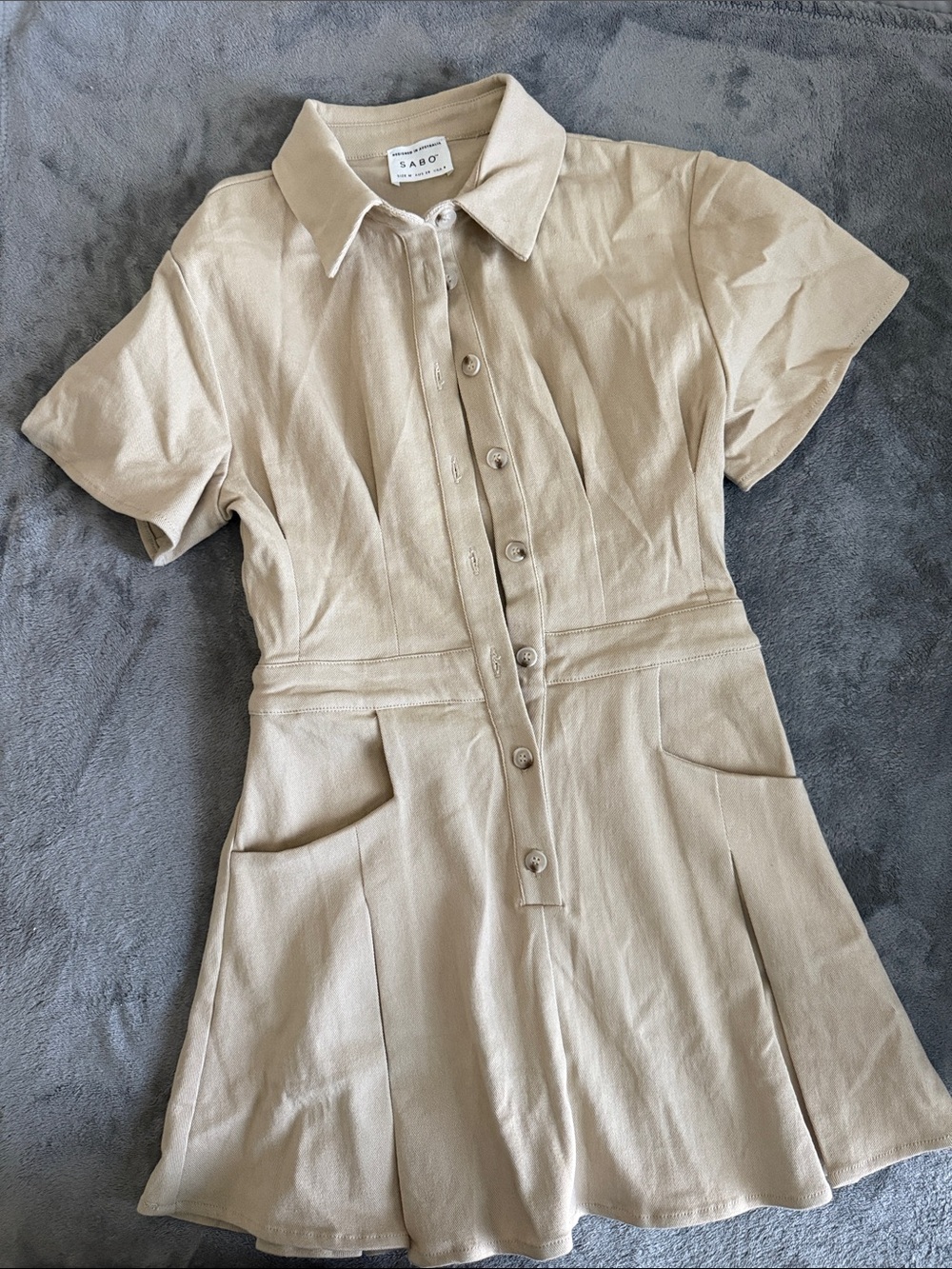 Sabo skirt Linen-Blend Button Front Shirt Dress in Beige